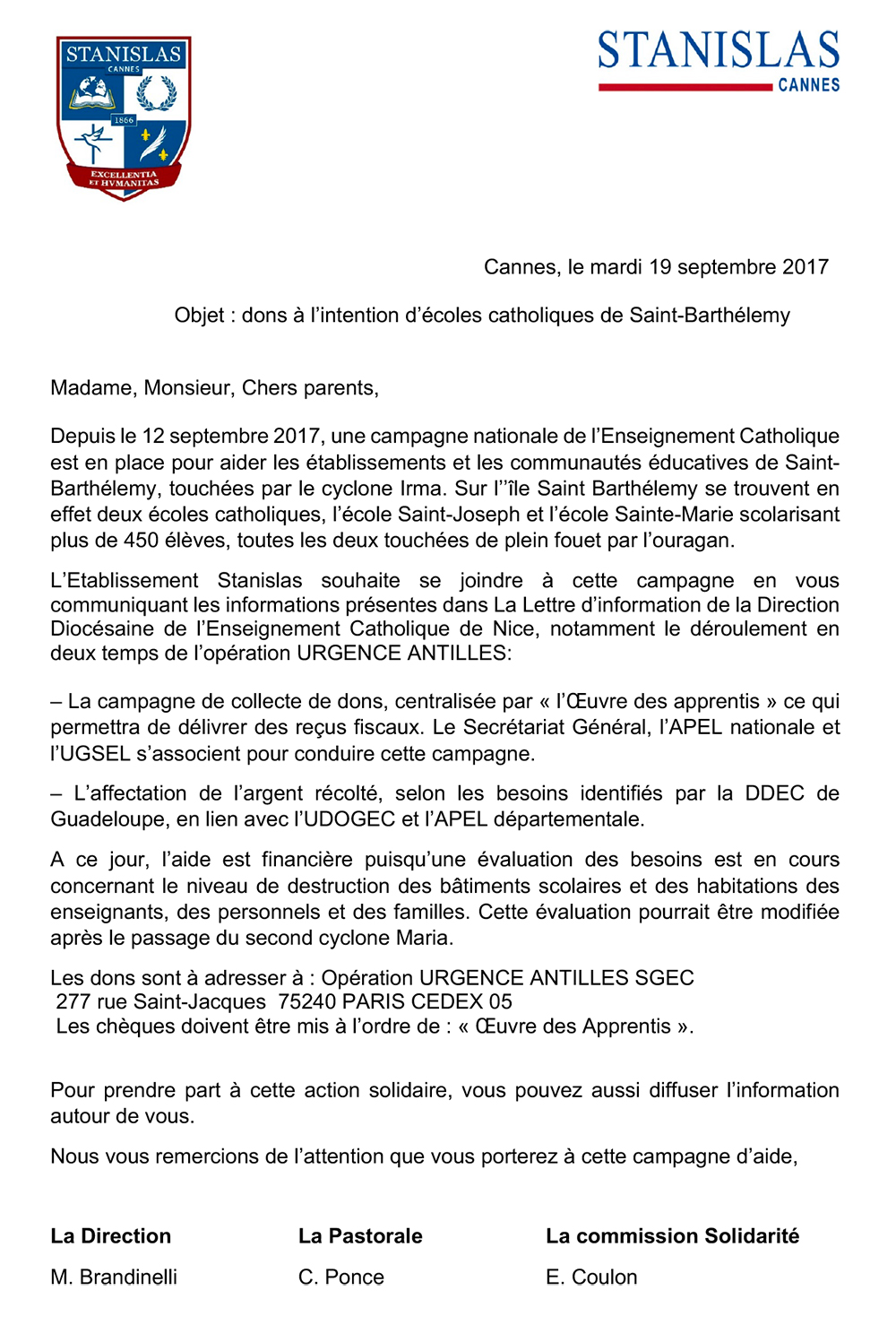 courrier parents dons Antilles